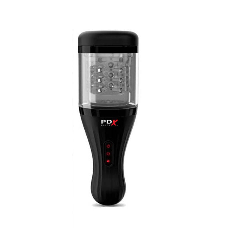 Front view of the PDX Elite Talk Dirty Rotobator male masturbator showing the control buttons on the sleek black casing, on a clean white background | Flirty Bay adult store Perth